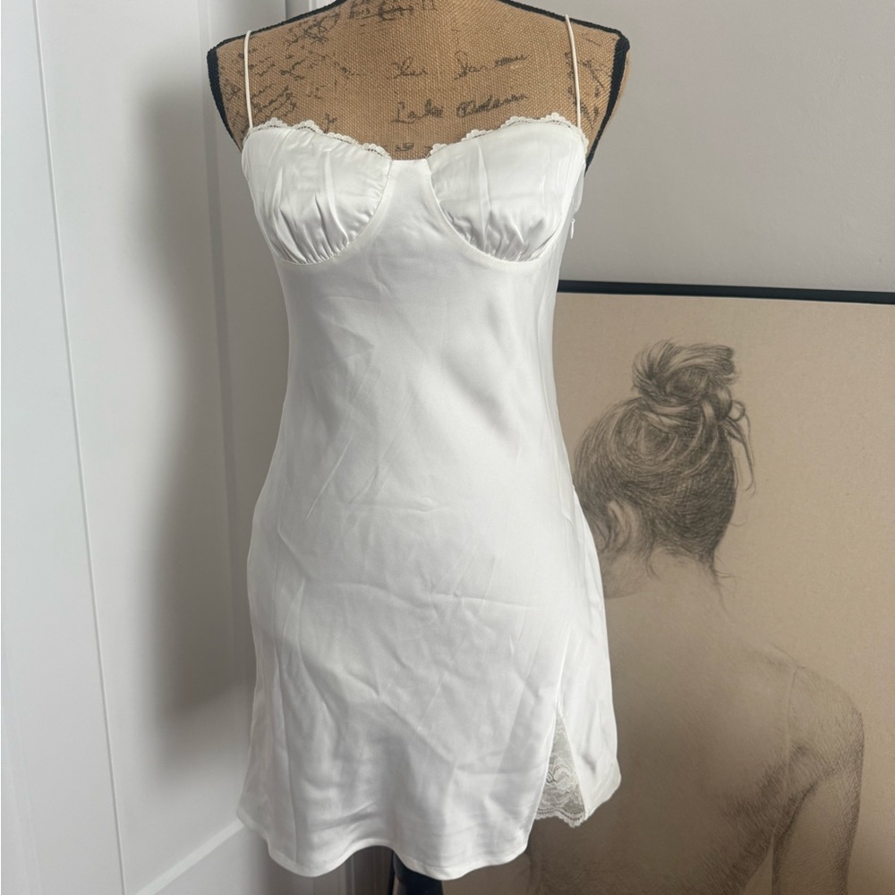 Princess Polly Ivory Satin Slip Dress with Lace Trim